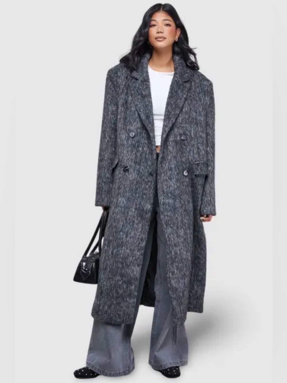 Sandro Charcoal Gray Double-Breasted Long Trench Coat